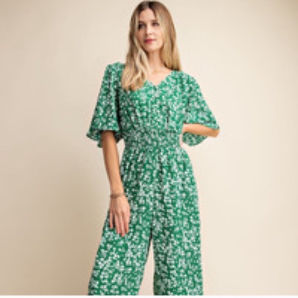 Boho Green  waist smocking flared sleeve jumpsuit